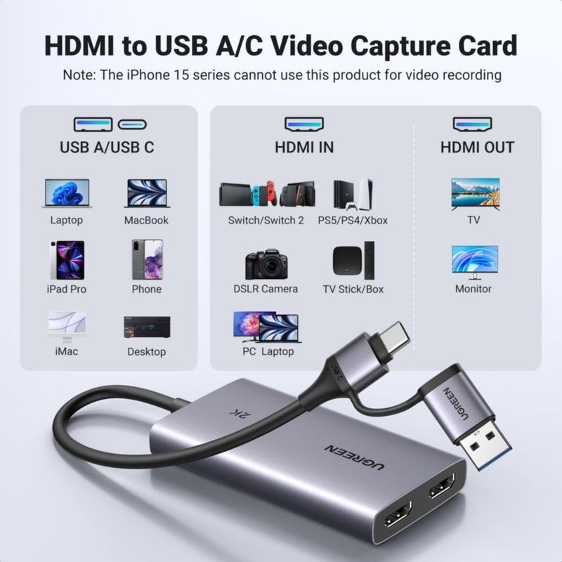 Tarjeta de captura HDMI UGREEN 2K@30Hz USB 3.0 con salida en bucle