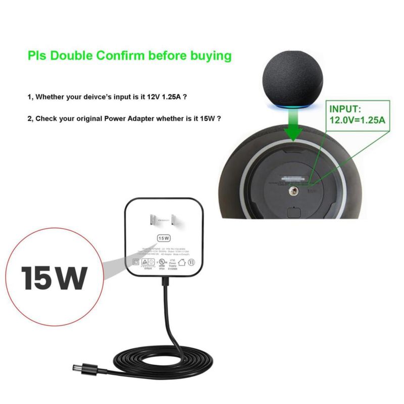 Cable de alimentación PDEEY 12V 1.25A 15W para Alexa Dot