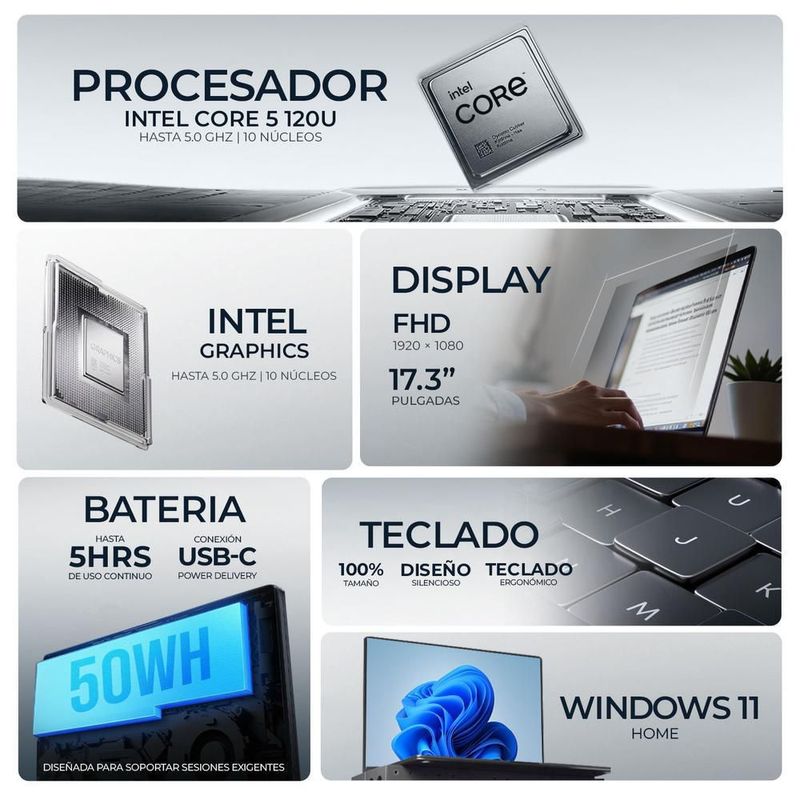 Laptop asus vivobook 17 core 5 120u 16gb 512gb pantalla 17.3