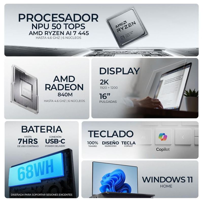 Laptop hp ryzen ai 7 445 64gb 1tb 16" touch 2k copilot+ pc