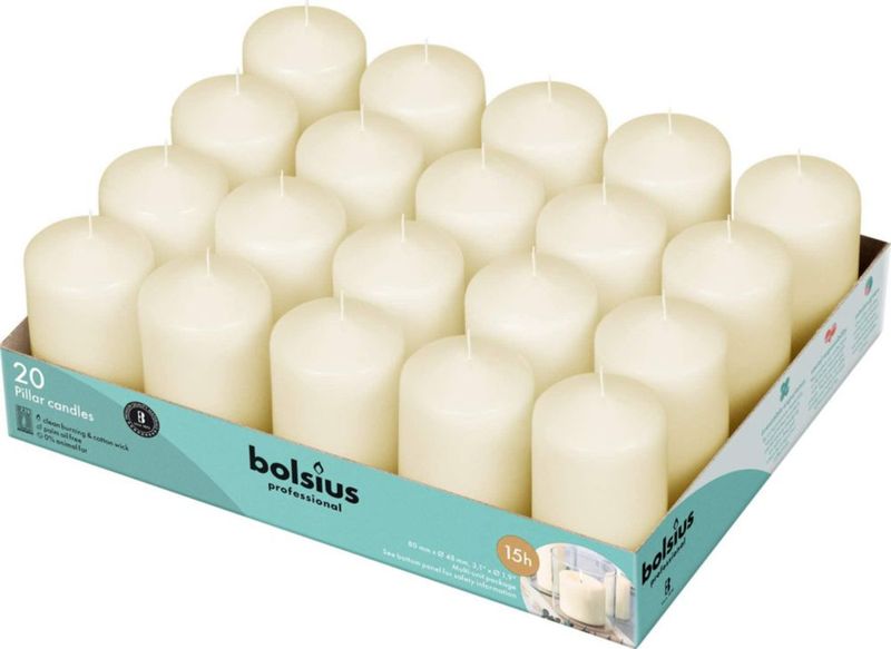 Vela BOLSIUS 5 cm × 8 cm paquete de 20 color marfil sin goteo