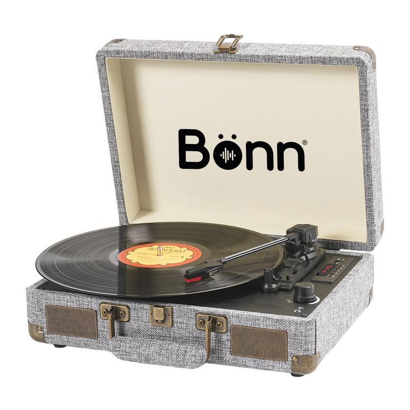 Tocadiscos bluetooth tipo maletín portátil bonn gris