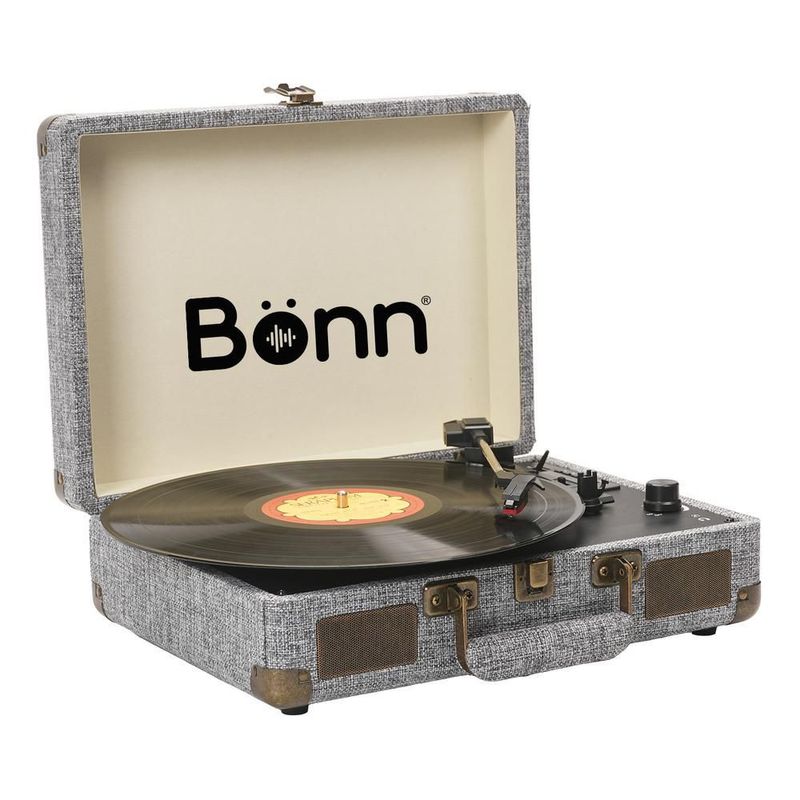 Tocadiscos bluetooth tipo maletín portátil bonn gris