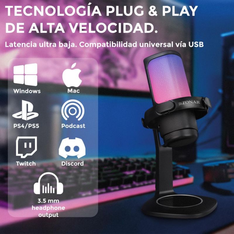 Micrófono Usb Condensador Gamer Podcast Grabacion Rgb Zonar