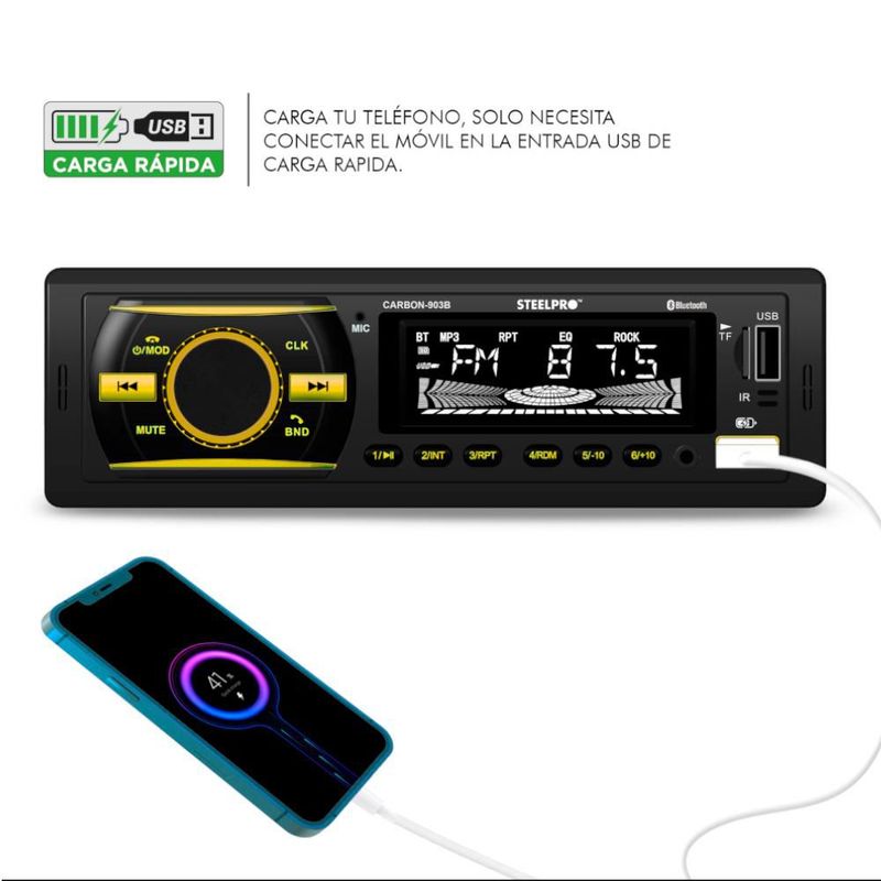 Autoestéreo Bluetooth 1 Din Usb Sd Aux Grabación Steelpro CARBON-903B