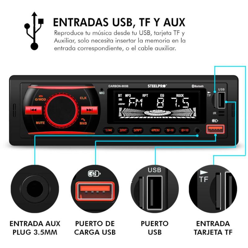 Autoestéreo Bluetooth 1 Din Usb Sd Aux Grabación Steelpro CARBON-903B