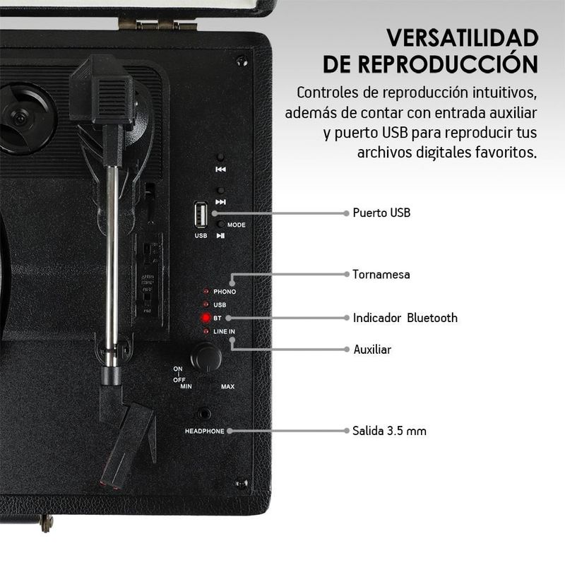 Tocadiscos Vinilo Vintage Bluetooth Estéreo Tornamesa 3 Velocidades