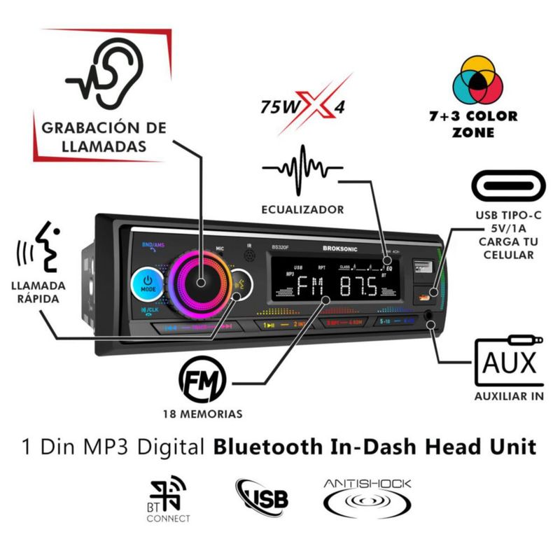 Autoestereo Bs-320f65 1 Din con Bocinas 6.5" 3 Vias Bluetooth Broksonic