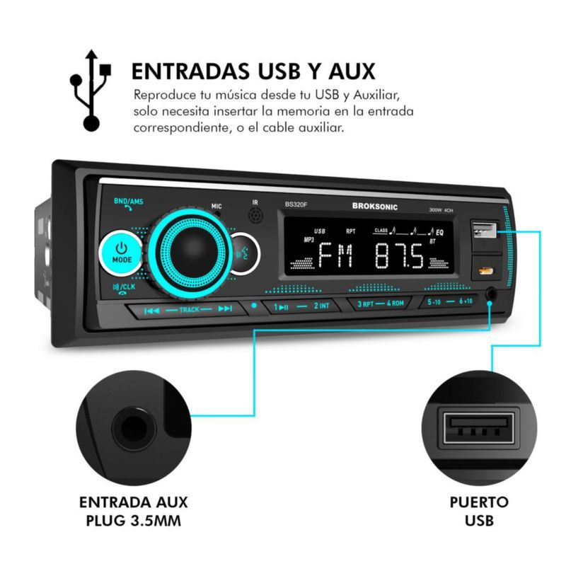 Autoestereo Bs-320f65 1 Din con Bocinas 6.5" 3 Vias Bluetooth Broksonic