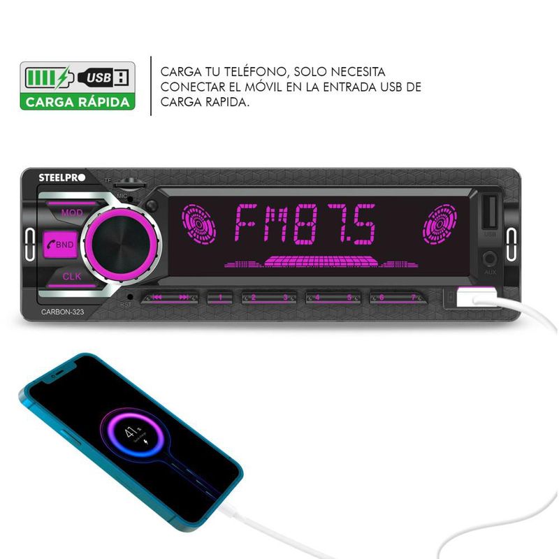 Autoestereo 75w Bt Manos Libres 1 Din Usb Sd Aux Steelpro Carbon-323