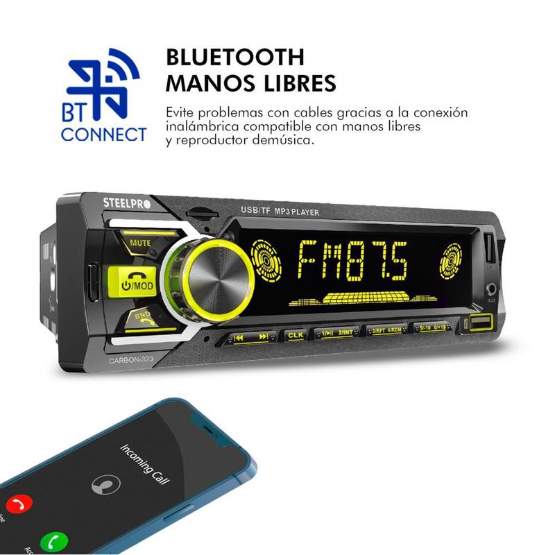 Autoestereo 75w Bt Manos Libres 1 Din Usb Sd Aux Steelpro Carbon-323
