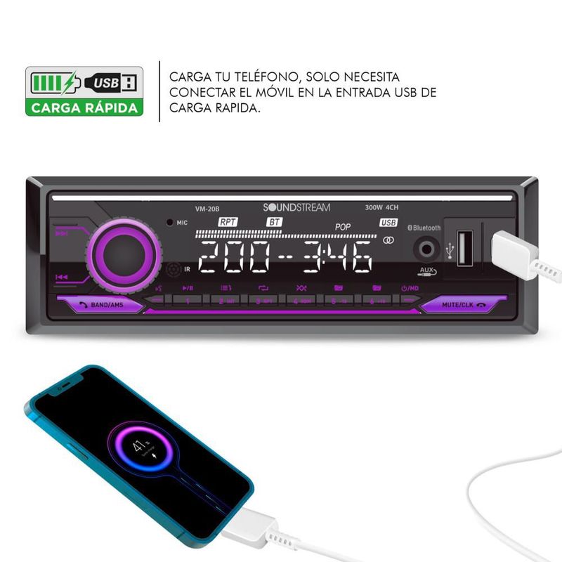 Autoestéreo 1 DIN Bluetooth Soundstream VM-20B USB AUX FM Iluminación RGB