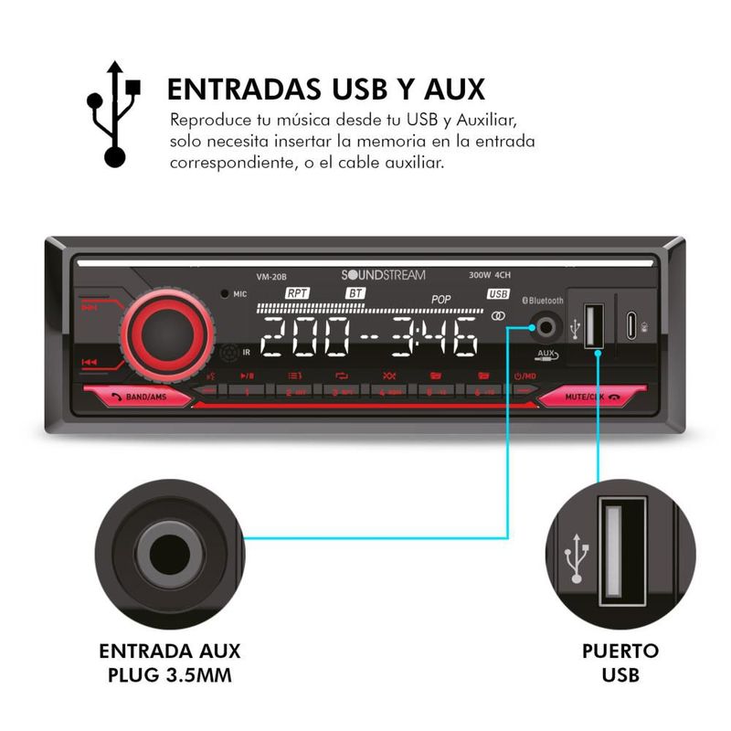 Autoestéreo 1 DIN Bluetooth Soundstream VM-20B USB AUX FM Iluminación RGB