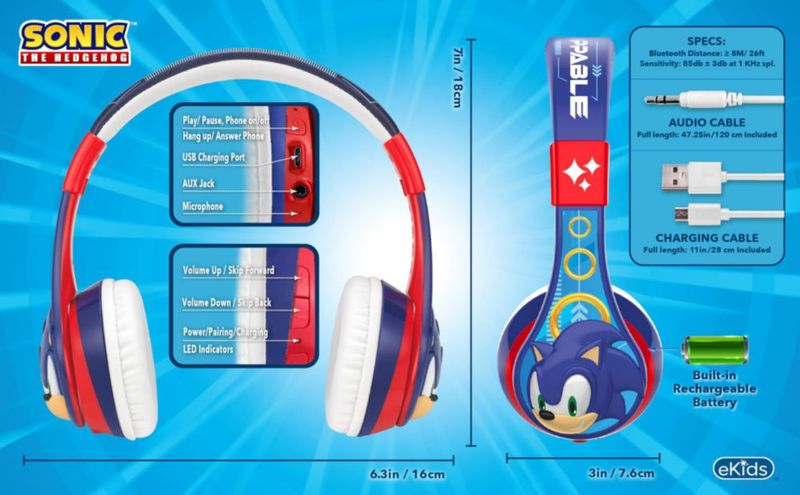 Auriculares - eKids - Sonic The Hedgehog - Bluetooth - Para niños