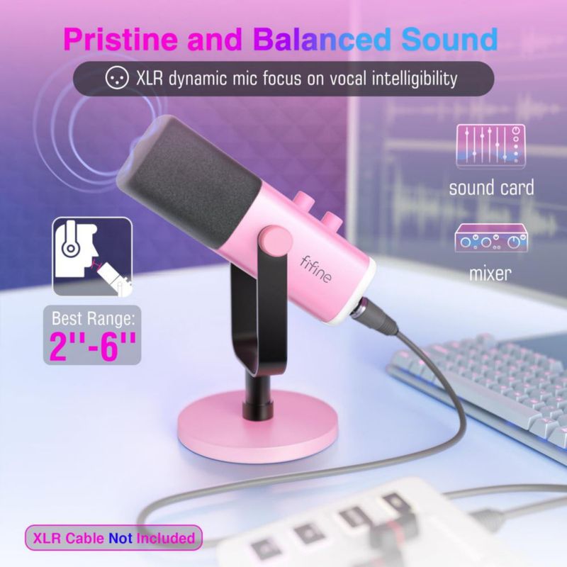 Micrófono FIFINE XLR/USB AM8 rosa con conector para auriculares y RGB