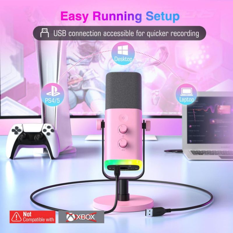 Micrófono FIFINE XLR/USB AM8 rosa con conector para auriculares y RGB