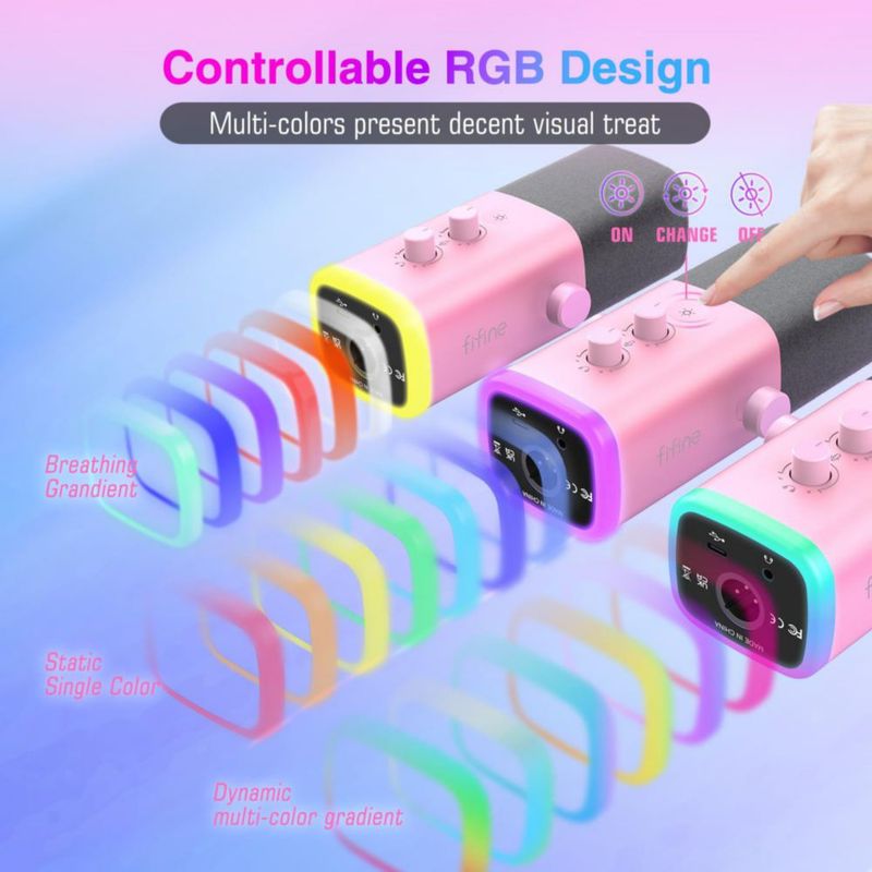Micrófono FIFINE XLR/USB AM8 rosa con conector para auriculares y RGB