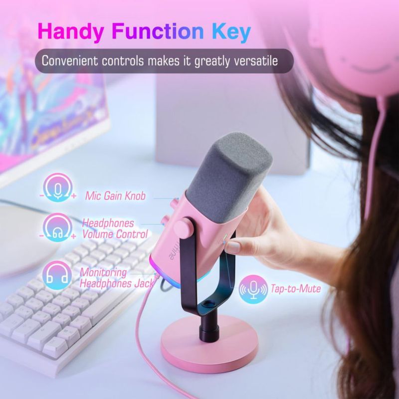 Micrófono FIFINE XLR/USB AM8 rosa con conector para auriculares y RGB