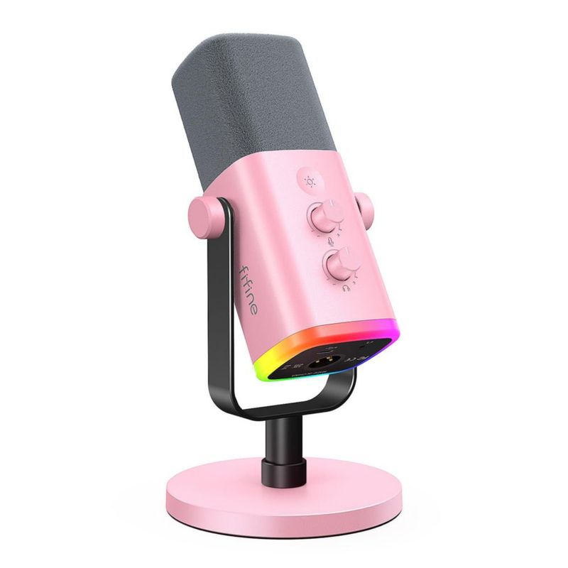 Micrófono FIFINE XLR/USB AM8 rosa con conector para auriculares y RGB