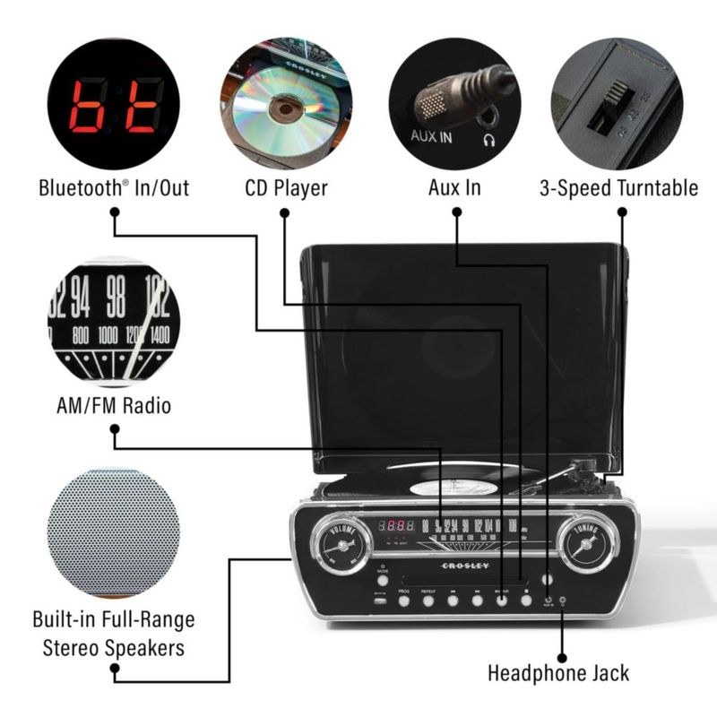 Tocadiscos Crosley CR6047A-BK 7 en 1 Bluetooth Radio con CD