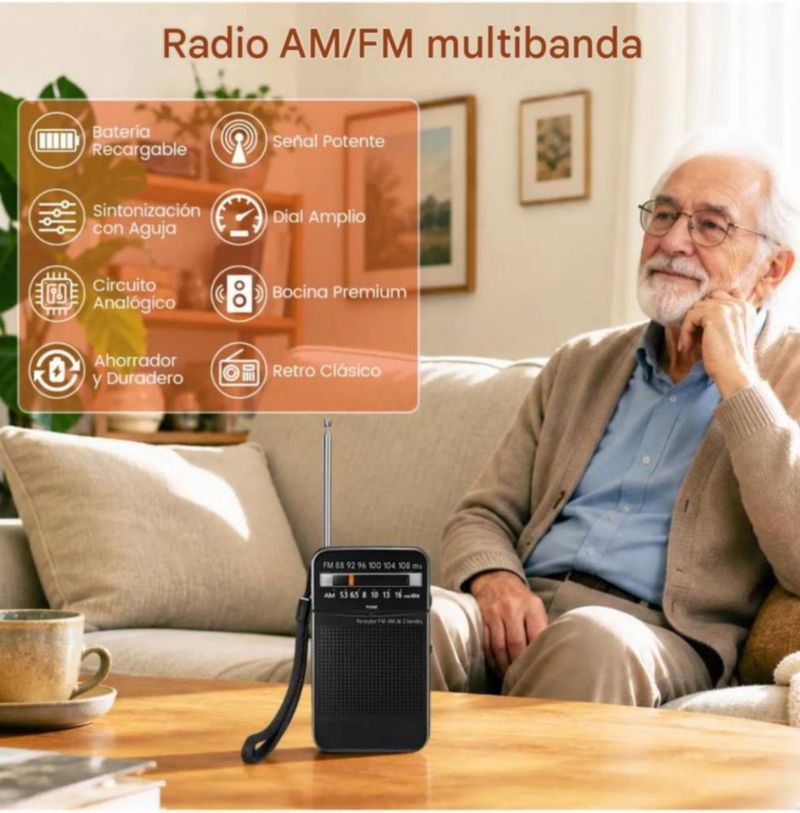 Radio AM/FM Recargable Retro Portátil Bocina Integrada Negro