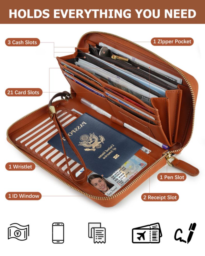 Cartera Sunpour Grande para Pasaporte con Cremallera y Correa de Muñeca