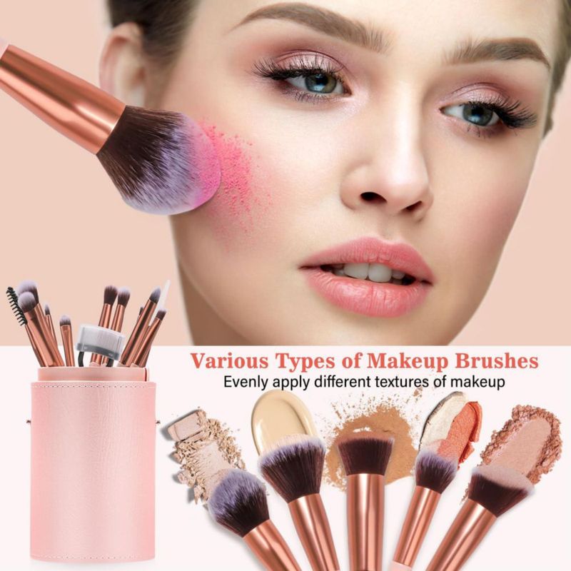 Set de brochas de maquillaje LUXBRU 17 unidades con estuche organizador de viaje color rosa