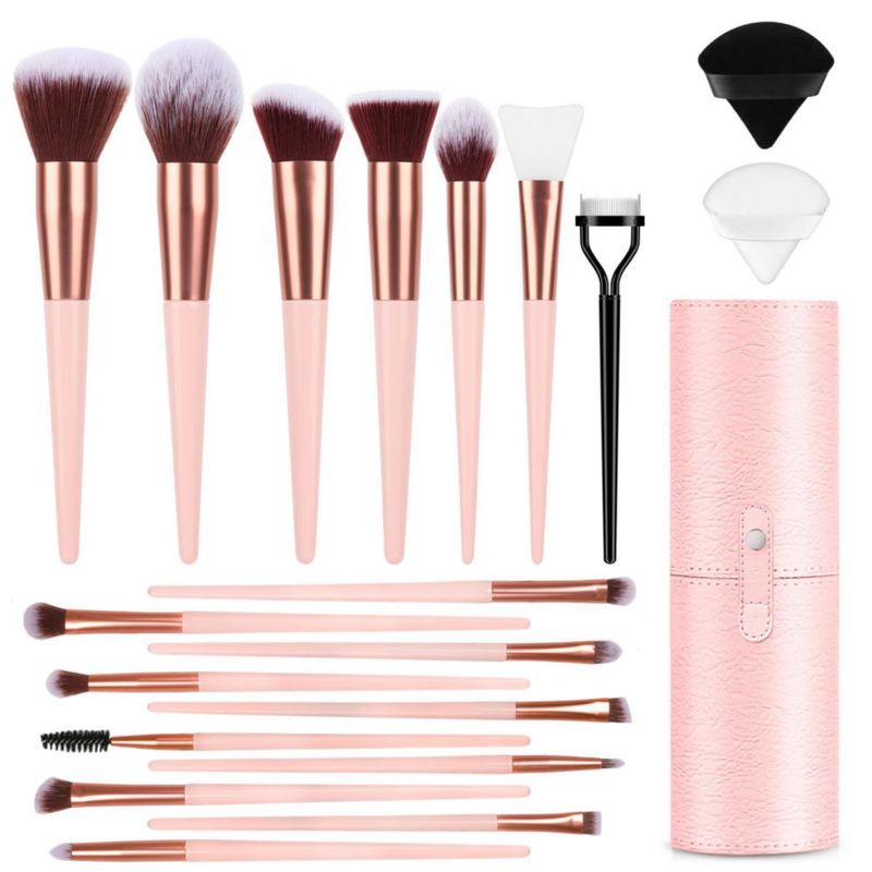 Set de brochas de maquillaje LUXBRU 17 unidades con estuche organizador de viaje color rosa