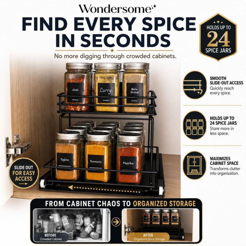 Organizador extraíble de especias Wondersome de 2 niveles negro mate con ruedas