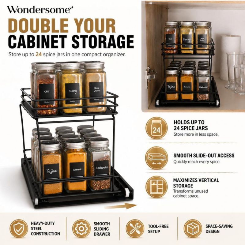 Organizador extraíble de especias Wondersome de 2 niveles negro mate con ruedas