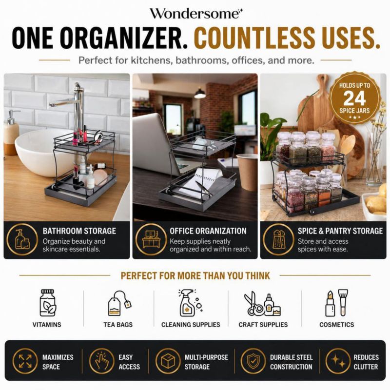 Organizador extraíble de especias Wondersome de 2 niveles negro mate con ruedas
