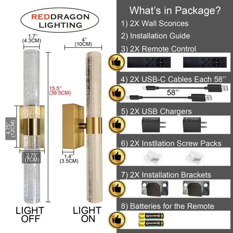 Apliques de pared inalámbricos Reddragon Lighting en oro – juego de 2