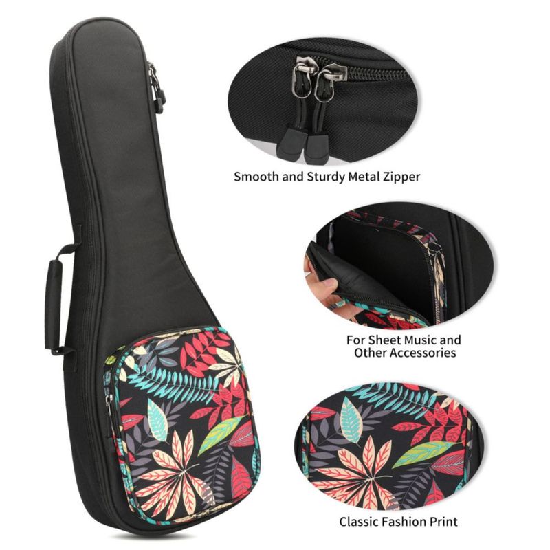 Estuche para ukelele MUINS 21 pulgadas con diseño de hojas negras + kit de regalo