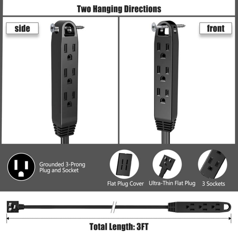 Cable de extensión CABOCASA de 3 pies con 3 enchufes color negro