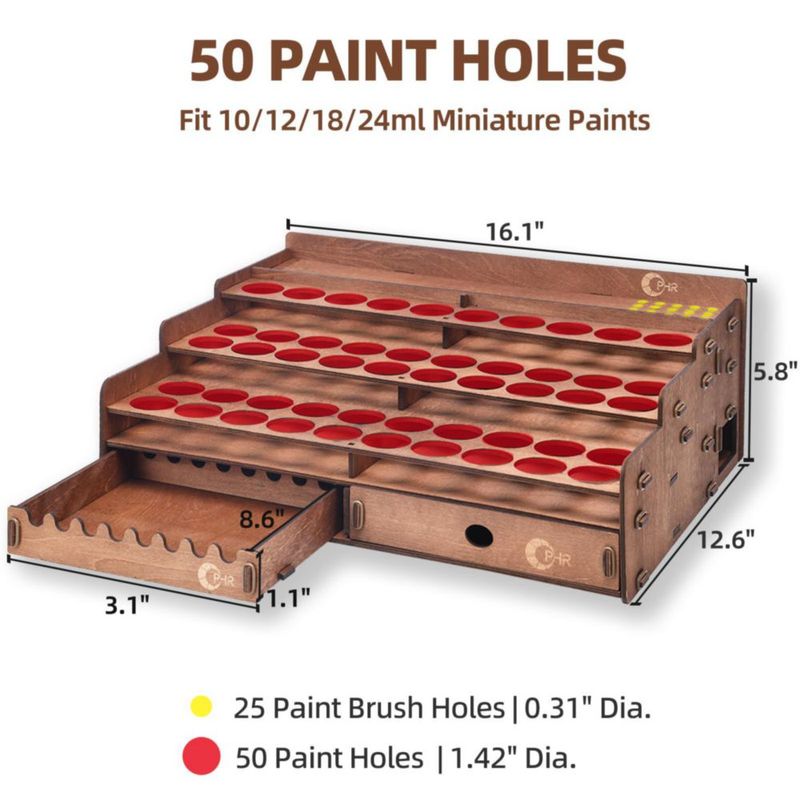 Porta pinturas de madera OPHIR con 50 huecos y espacio para pinceles
