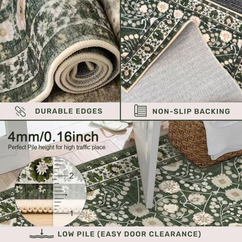 ALFOMBRA Youime 3x5 pies Floral Lavable Verde Oscuro
