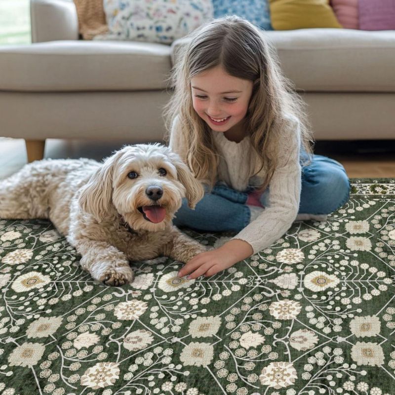 ALFOMBRA Youime 3x5 pies Floral Lavable Verde Oscuro