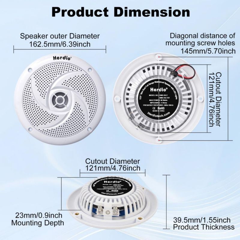 Parlantes Herdio 13 cm Impermeables con LED 160 W (par) Color Blanco