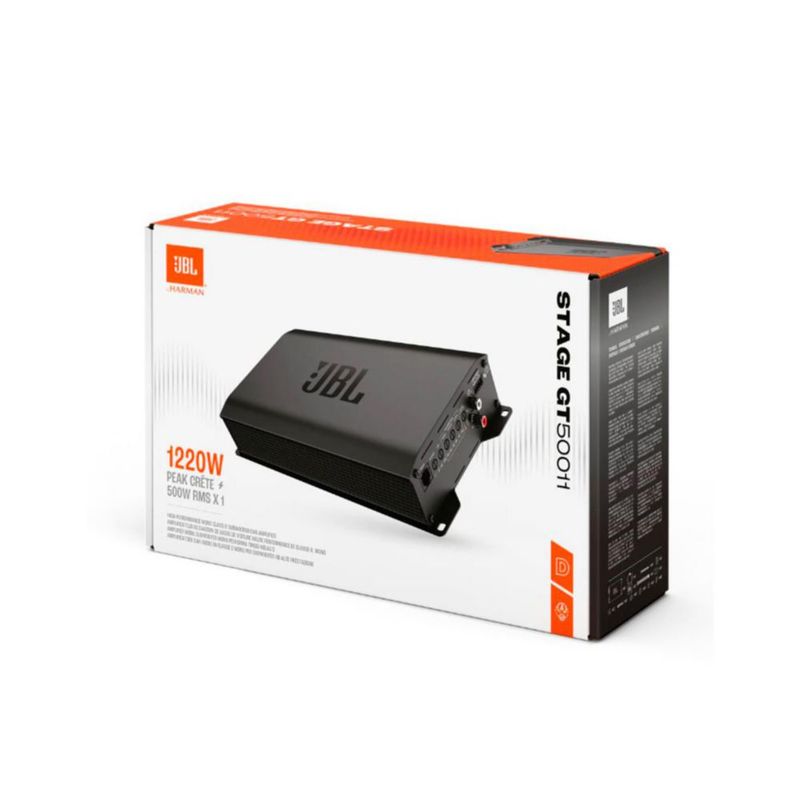 El amplificador Nano JBL Stage GT50011 es un monoblock Clase D de alto rendimiento (1220W pico / 500W RMS a 2 Ω