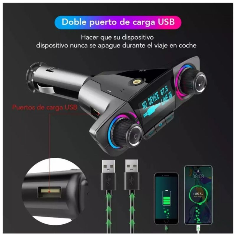 Receptor Bluetooth Y Transmisor Fm para Auto Color Negro