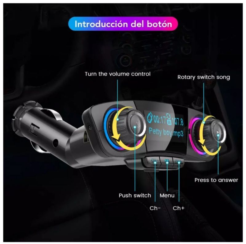 Receptor Bluetooth Y Transmisor Fm para Auto Color Negro