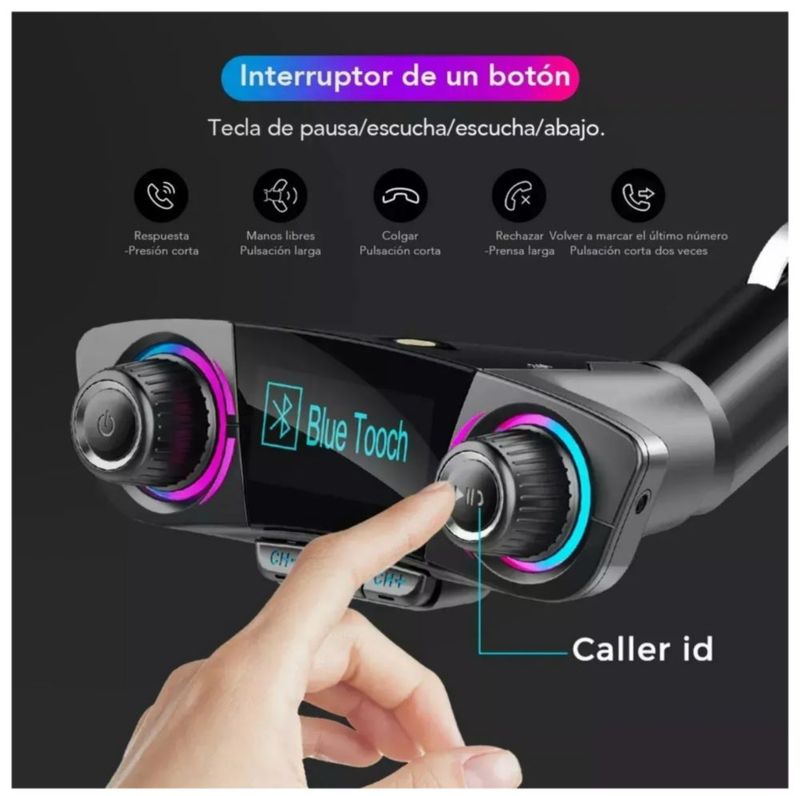 Receptor Bluetooth Y Transmisor Fm para Auto Color Negro