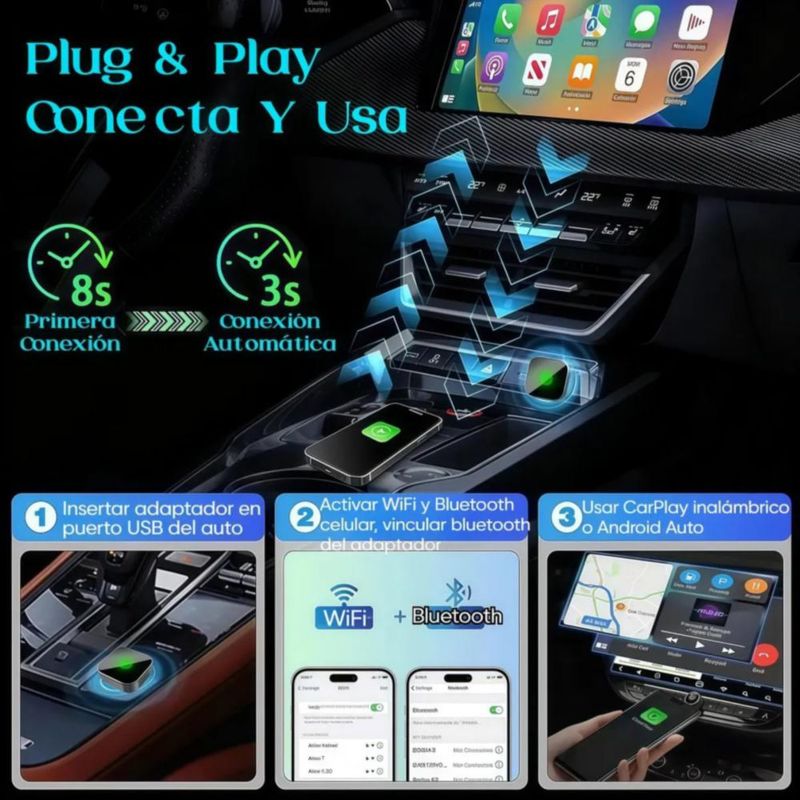 Adaptador Mini Inalámbrico Carplay Y Android Auto 2 en 1 2026 Negro