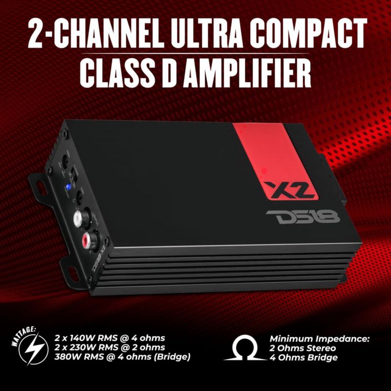 Amplificador DS18 X2 de 2 canales 140 W RMS Clase D ultra compacto
