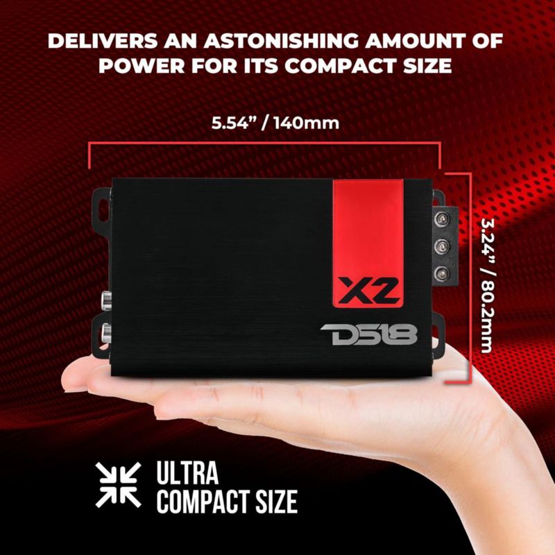 Amplificador DS18 X2 de 2 canales 140 W RMS Clase D ultra compacto