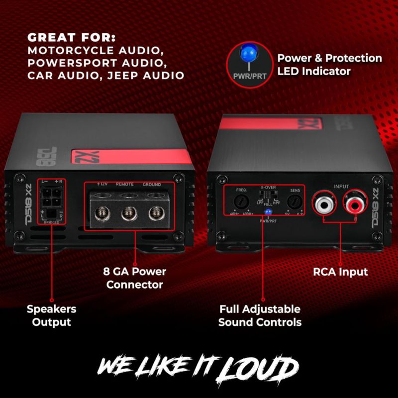 Amplificador DS18 X2 de 2 canales 140 W RMS Clase D ultra compacto