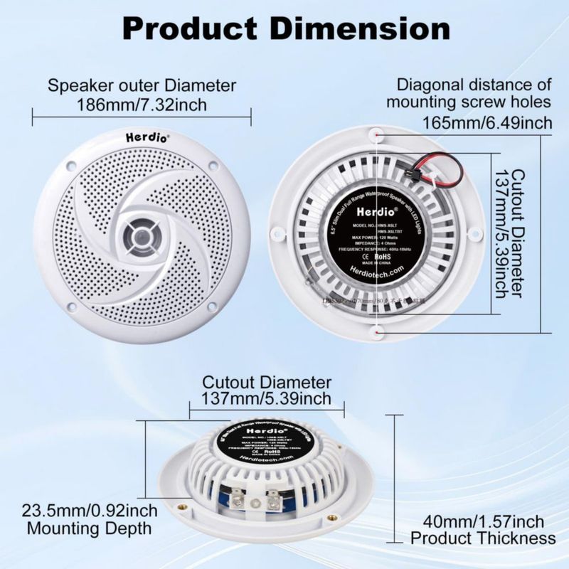 Parlantes Herdio 16 cm Impermeables con LED 240 W Par Color Blanco