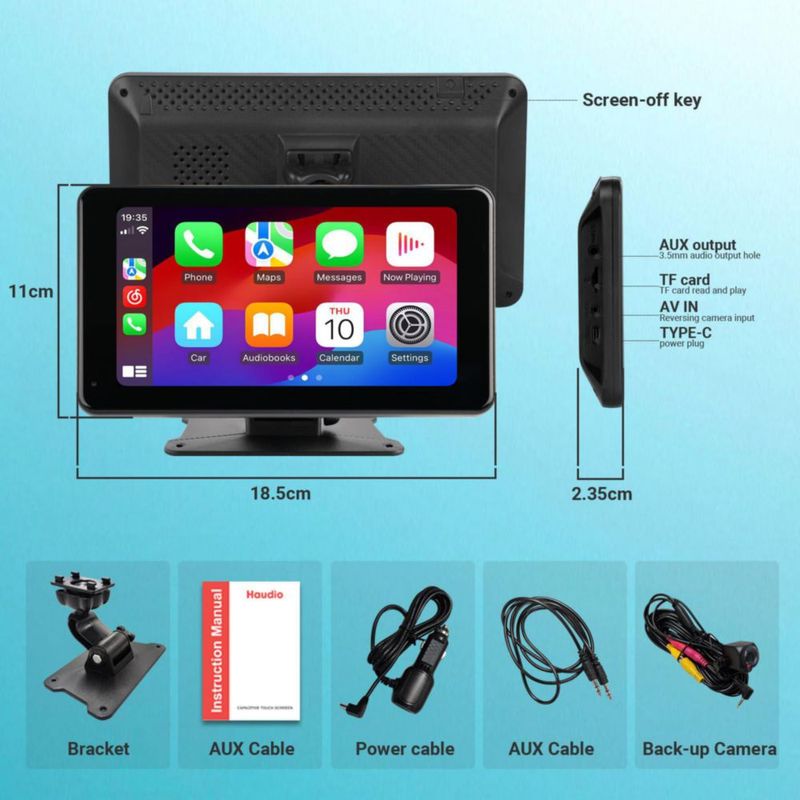 Pantalla CarPlay inalámbrica Haudio 18 cm 1080 P con cámara de visión trasera