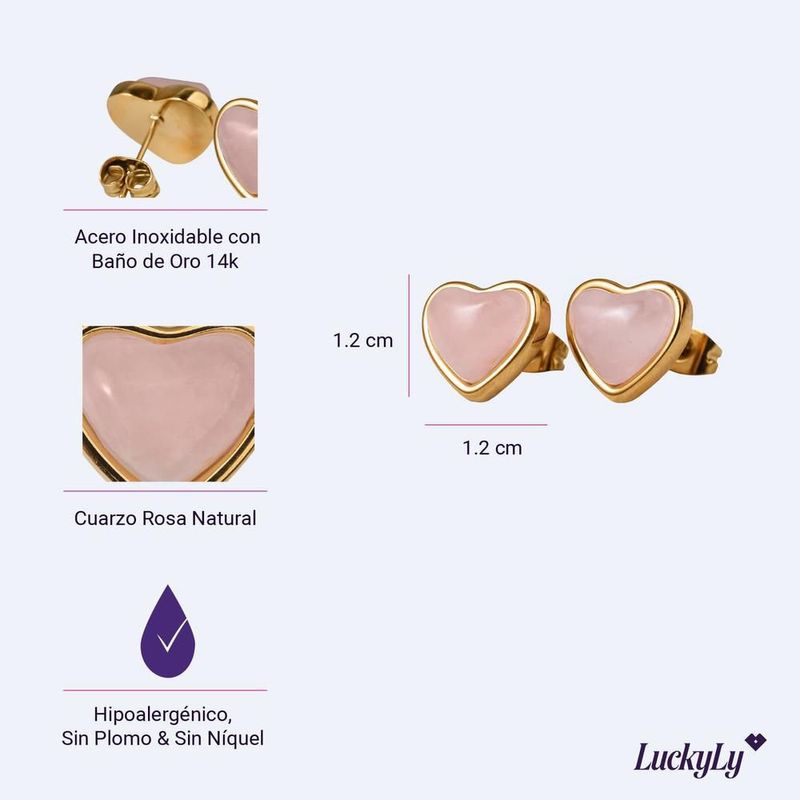 Aretes luckyly baño oro 18k acero inoxidable piedra o cuarzo natural nadia rosa claro