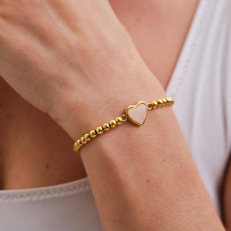 Pulsera luckyly baño de oro 14k dije corazón piedra o cuarzo natural nadia rosa claro